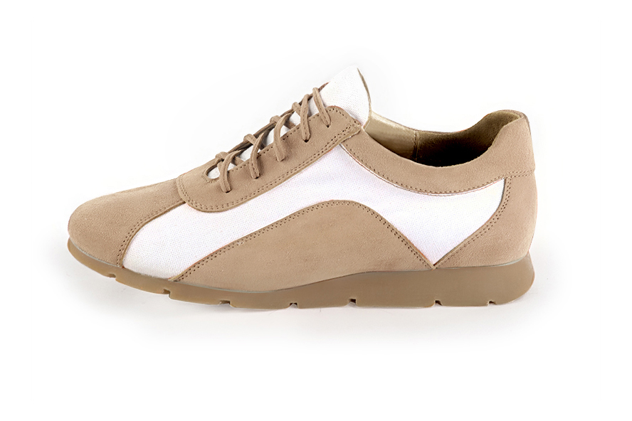 Tan beige and off white women's elegant sneakers. Round toe. Flat rubber soles. Profile view - Florence KOOIJMAN